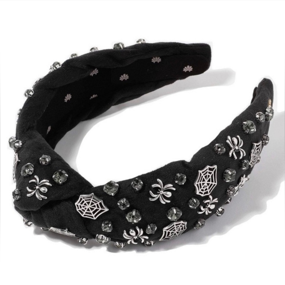 NEW HTF Lele Sadoughi Halloween Jet Black Crystal Knotted Headband Spider Cobweb